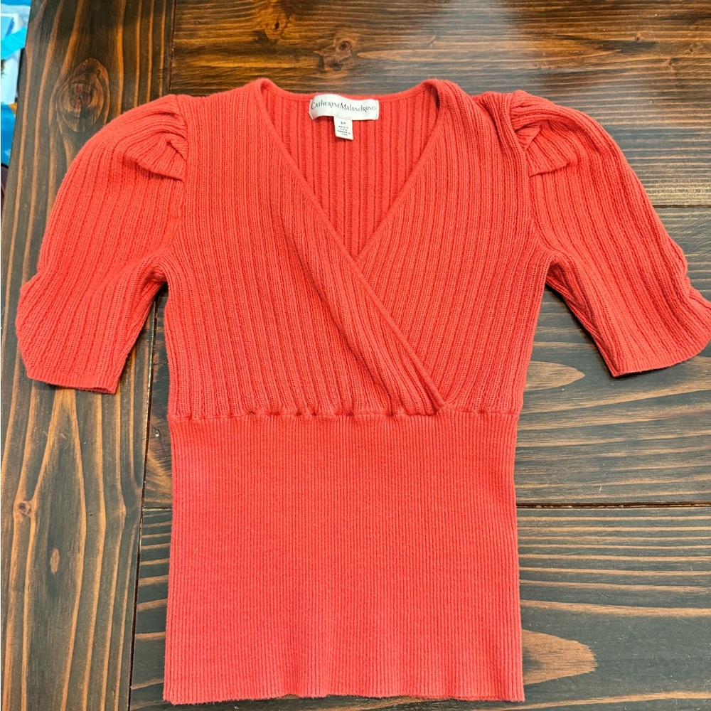 Catherine Malandrino Ribbed Puff Sleeve Wrap Knit Top S